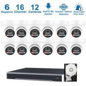 PK-6316124DL : Dual-Light Active Spotlight AI Kit (Hikvision OEM 16 Channel PoE 4K NVR+6MP Turret Full-Color Camera x 12+2TB HDD)