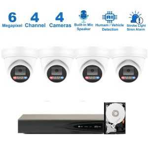 PK-63442 : Dual-Light Active Spotlight AI Kit (Hikvision OEM 4 Channel PoE 4K NVR+6MP Turret Full-Color Camera x 4+2TB HDD)