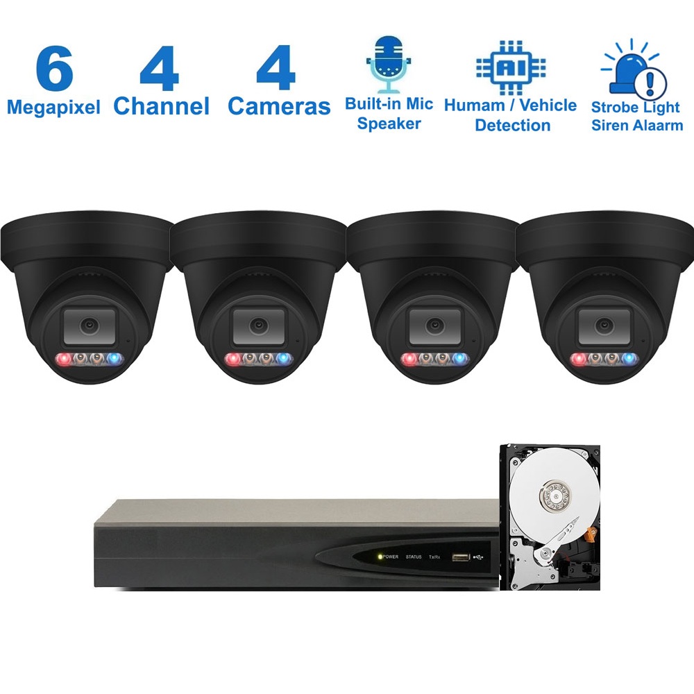 PK-63B442DL : Dual-Light Active Spotlight AI Kit (Hikvision OEM 4 Channel PoE 4K NVR+6MP Turret Full-Color Camera x 4+2TB HDD)