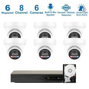 PK-63862DL : Dual-Light Active Spotlight AI Kit (Hikvision OEM 8 Channel PoE 4K NVR+6MP Turret Full-Color Camera x 6+2TB HDD)