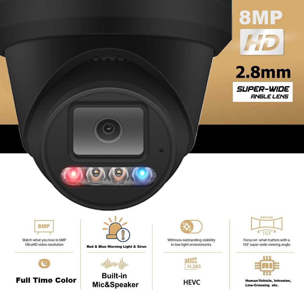 IP-2384E28B : (8MP Color Night-Vision Outdoor/Indoor Active Deterrence Turret IP Camera, 2-way Audio – Black) - Image 2