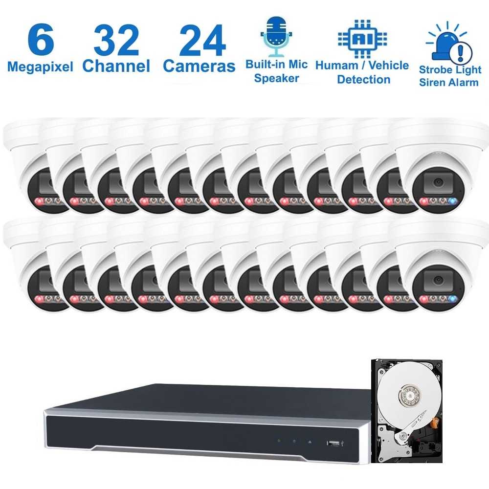 PK-6332244DL : Dual-Light Active Spotlight AI Kit (Hikvision OEM 32 Channel 12MP NVR+6MP Turret Full-Color Camera x 24+4TB HDD)