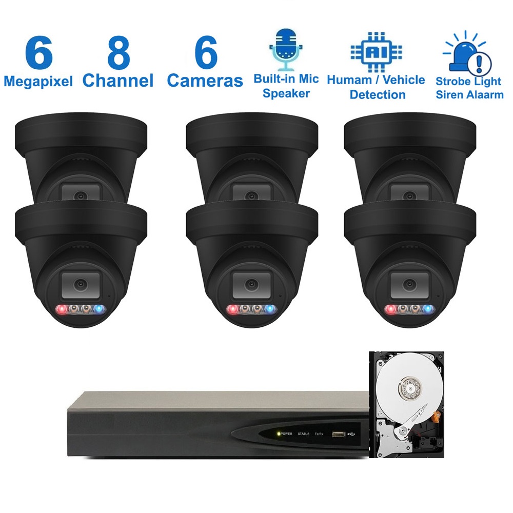 PK-63B862DL : Dual-Light Active Spotlight AI Kit (Hikvision OEM 8 Channel PoE 4K NVR+6MP Turret Full-Color Camera x 6+2TB HDD)