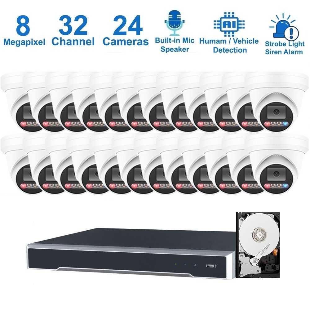 PK-8332244 : Dual-Light Active Spotlight AI Kit (Hikvision OEM 32 Channel PoE 12MP NVR+8MP Turret Full-Color Camera x 24+4TB HDD)