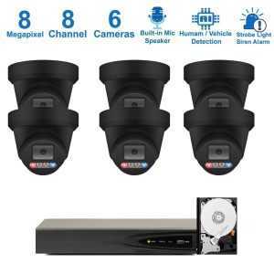 PK-83862B : Dual-Light Active Spotlight AI Kit (Hikvision OEM 8 Channel PoE 4K NVR+8MP Turret Full-Color Camera x 6+2TB HDD)