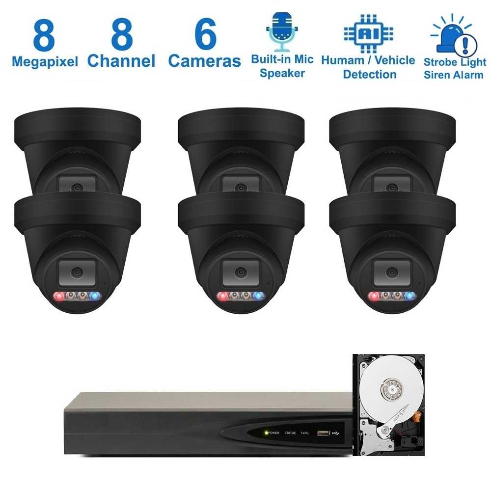 PK-83862B : Dual-Light Active Spotlight AI Kit (Hikvision OEM 8 Channel PoE 4K NVR+8MP Turret Full-Color Camera x 6+2TB HDD)