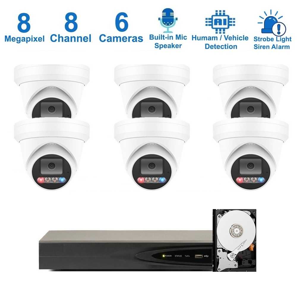 PK-83862 : Dual-Light Active Spotlight AI Kit (Hikvision OEM 8 Channel PoE 4K NVR+8MP Turret Full-Color Camera x 6+2TB HDD)