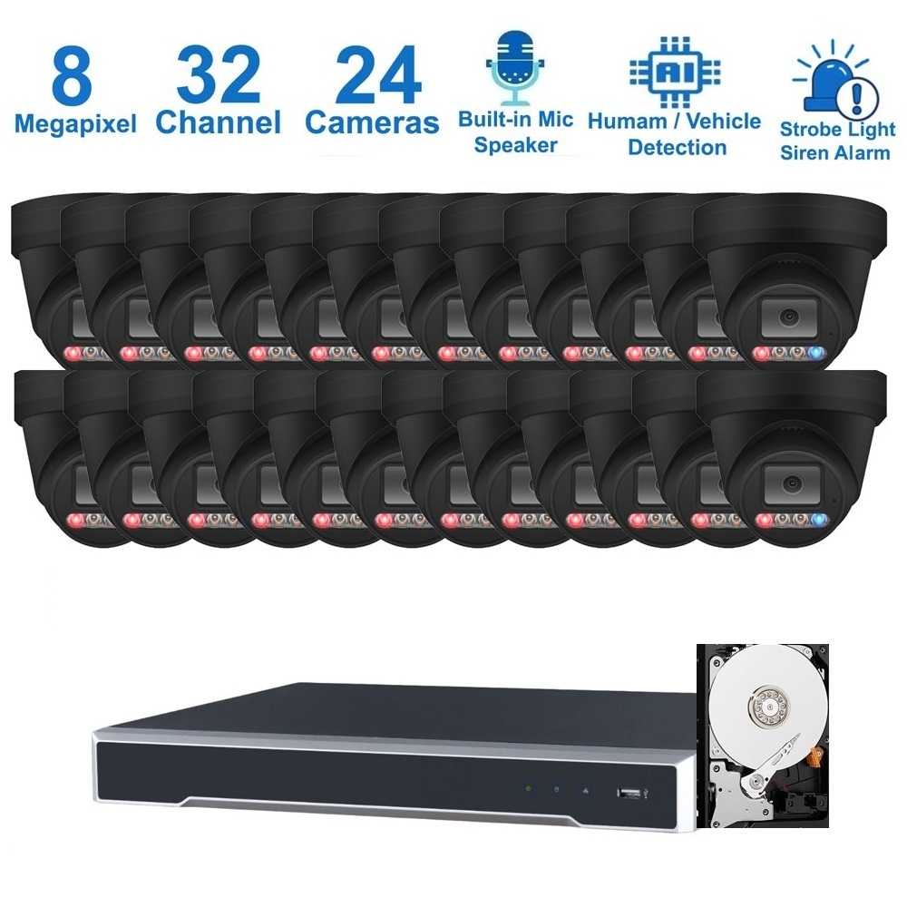 PK-83B32244 : Dual-Light Active Spotlight AI Kit (Hikvision OEM 32 Channel PoE 12MP NVR+8MP Turret Full-Color Camera x 24+4TB HDD)