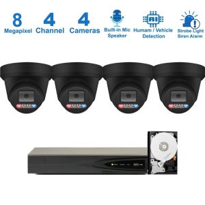 PK-83442B : Dual-Light Active Spotlight AI Kit (Hikvision OEM 4 Channel PoE 4K NVR+8MP Turret Full-Color Camera x 4+2TB HDD)